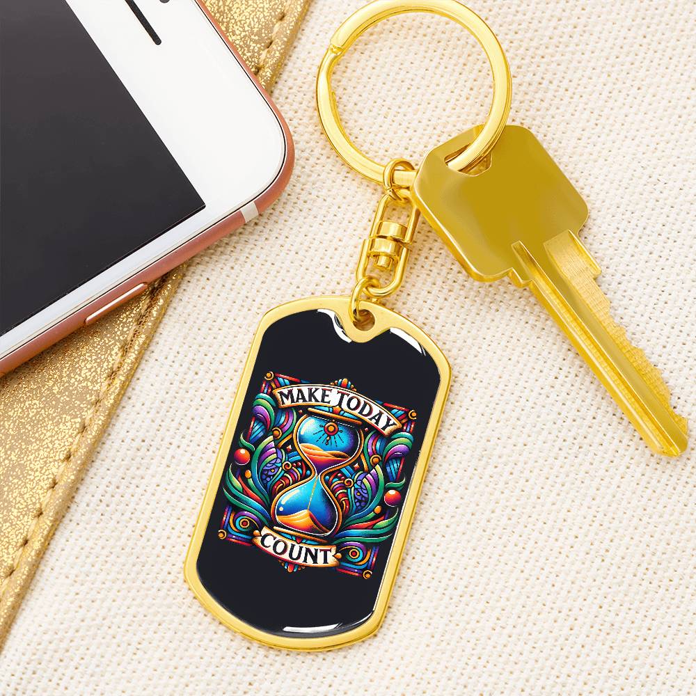 Inspirational Quote Dog Tag Keychain, "Make Today Count" available in a Stainless Steel or Gold Finish. Motivational Dog Tag Keychain for Everyday Inspiration