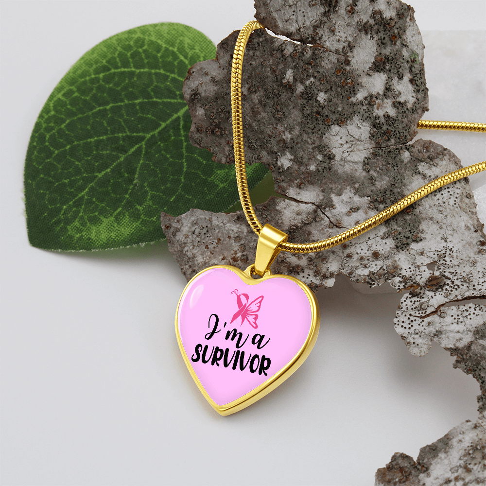 Breast Cancer Survivor Necklace, “I'm a Survivor” Pink Ribbon Heart Pendant, Cancer Survivor Gift, 18K Gold Finish or Stainless Steel