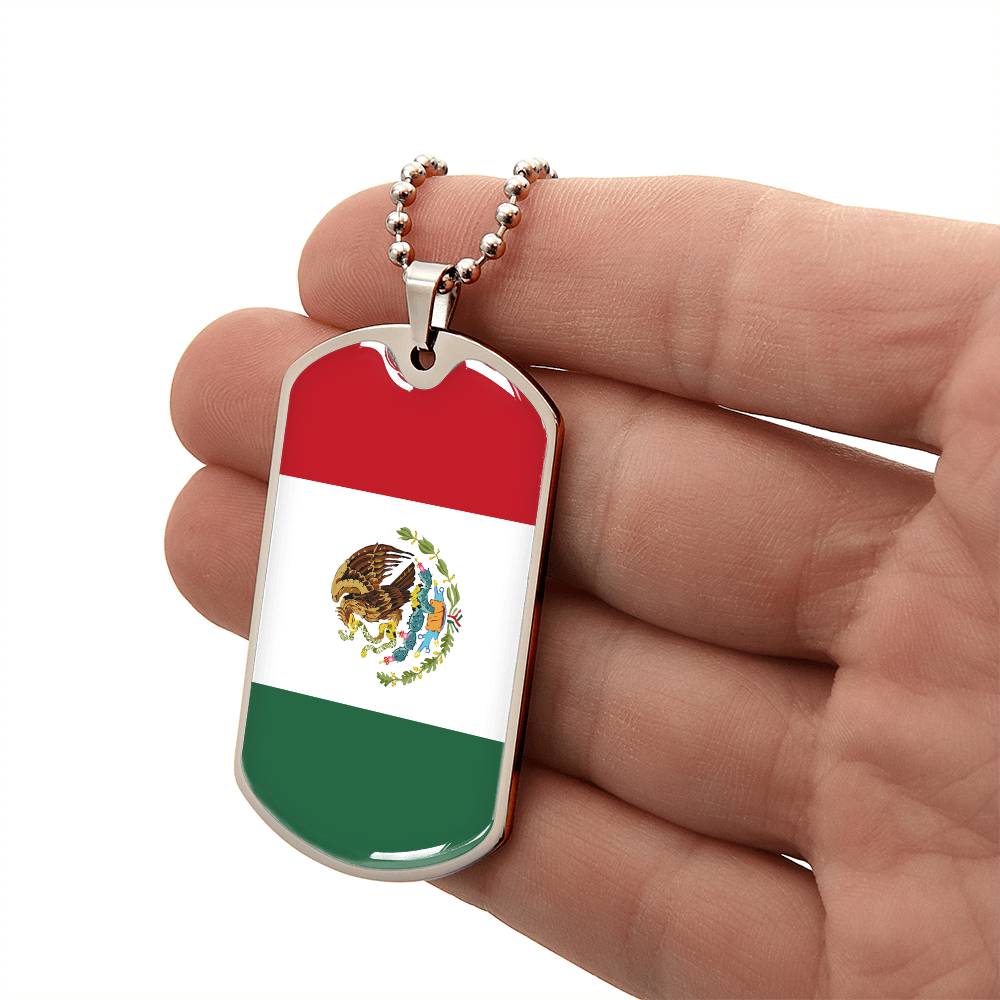 Mexico Flag Pendant Necklace – Engravable Dog Tag Jewelry for Men & Women, Mexico Pride Dog Tag Necklace – Stainless Steel or Gold Finish with Flag Design, Mexican Flag Dog Tag Necklace, Statement Piece to Celebrate Heritage, Culture, or Love for Mexico.