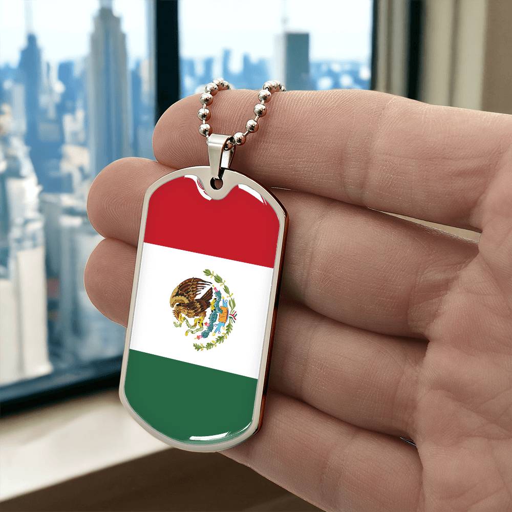 Mexico Flag Pendant Necklace – Engravable Dog Tag Jewelry for Men & Women, Mexico Pride Dog Tag Necklace – Stainless Steel or Gold Finish with Flag Design, Mexican Flag Dog Tag Necklace, Statement Piece to Celebrate Heritage, Culture, or Love for Mexico.