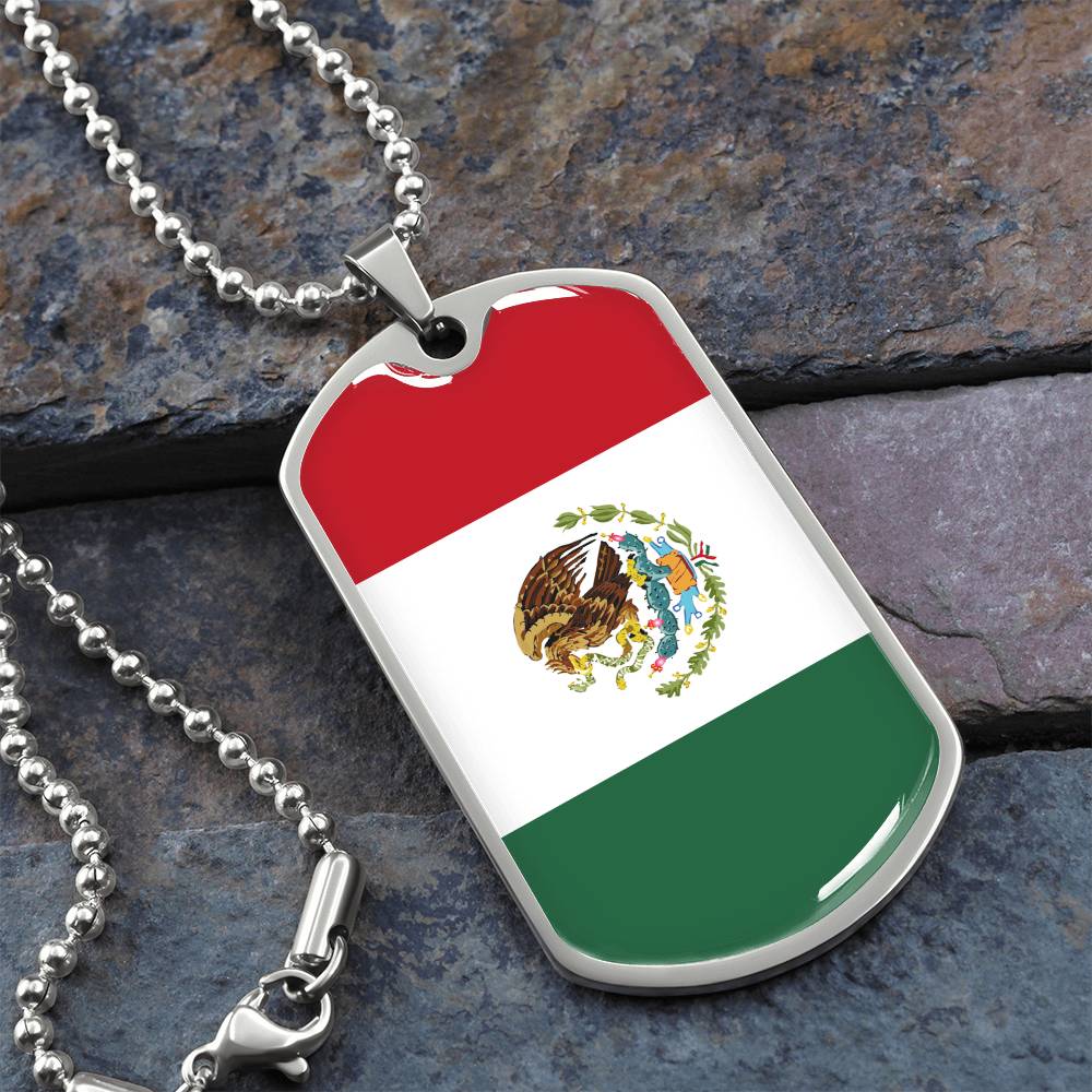Mexico Flag Pendant Necklace – Engravable Dog Tag Jewelry for Men & Women, Mexico Pride Dog Tag Necklace – Stainless Steel or Gold Finish with Flag Design, Mexican Flag Dog Tag Necklace, Statement Piece to Celebrate Heritage, Culture, or Love for Mexico.