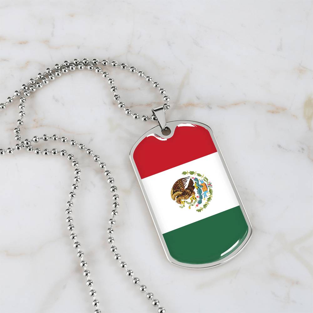 Mexico Flag Pendant Necklace – Engravable Dog Tag Jewelry for Men & Women, Mexico Pride Dog Tag Necklace – Stainless Steel or Gold Finish with Flag Design, Mexican Flag Dog Tag Necklace, Statement Piece to Celebrate Heritage, Culture, or Love for Mexico.