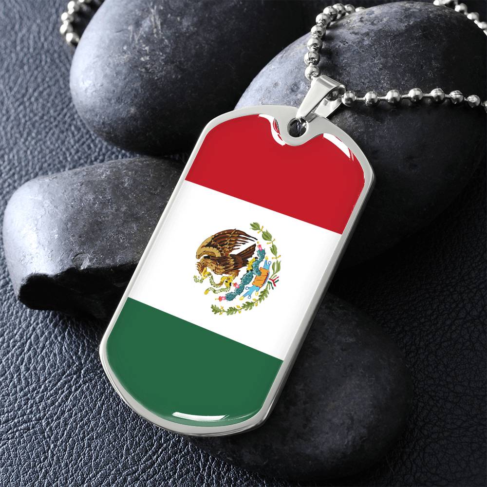 Mexico Flag Pendant Necklace – Engravable Dog Tag Jewelry for Men & Women, Mexico Pride Dog Tag Necklace – Stainless Steel or Gold Finish with Flag Design, Mexican Flag Dog Tag Necklace, Statement Piece to Celebrate Heritage, Culture, or Love for Mexico.