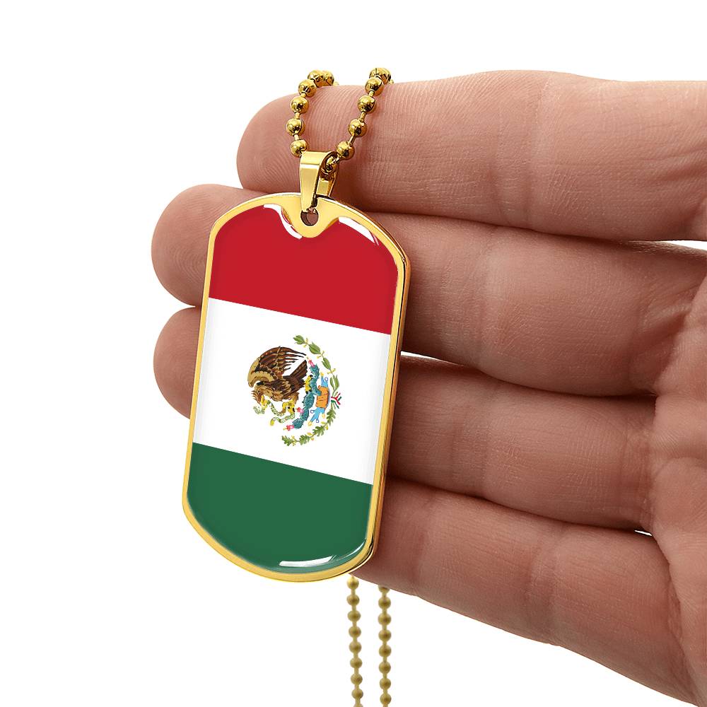 Mexico Flag Pendant Necklace – Engravable Dog Tag Jewelry for Men & Women, Mexico Pride Dog Tag Necklace – Stainless Steel or Gold Finish with Flag Design, Mexican Flag Dog Tag Necklace, Statement Piece to Celebrate Heritage, Culture, or Love for Mexico.