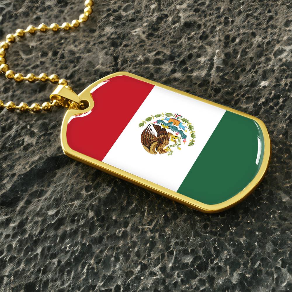 Mexico Flag Pendant Necklace – Engravable Dog Tag Jewelry for Men & Women, Mexico Pride Dog Tag Necklace – Stainless Steel or Gold Finish with Flag Design, Mexican Flag Dog Tag Necklace, Statement Piece to Celebrate Heritage, Culture, or Love for Mexico.