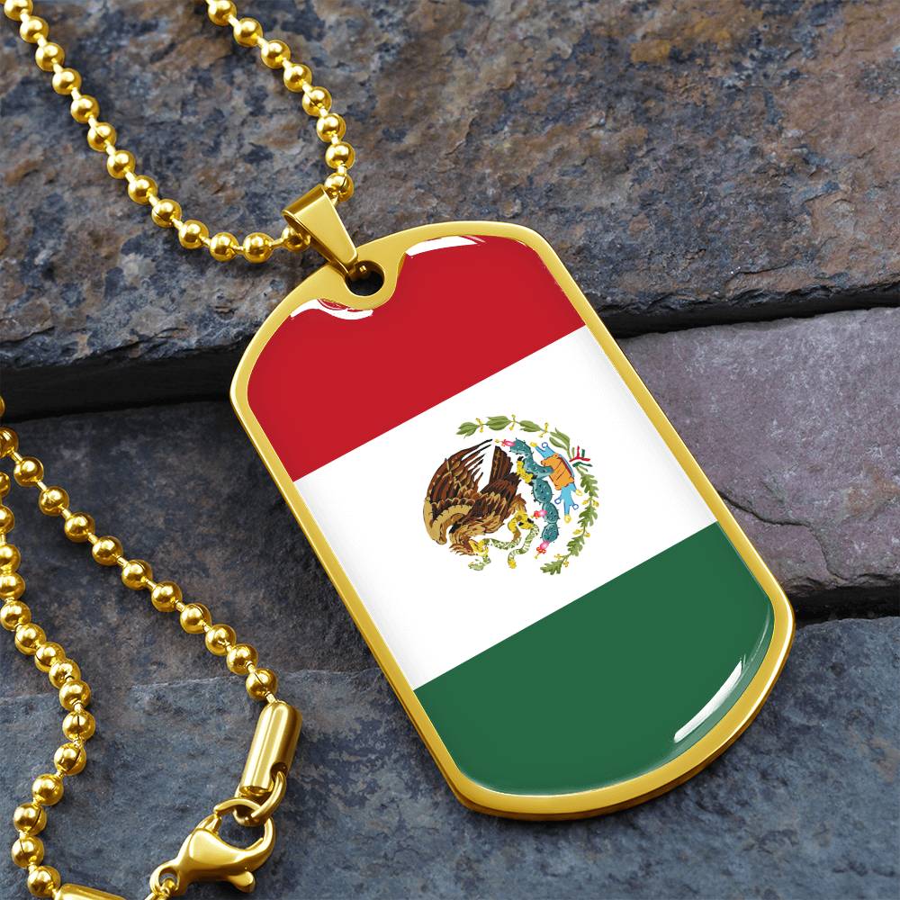 Mexico Flag Pendant Necklace – Engravable Dog Tag Jewelry for Men & Women, Mexico Pride Dog Tag Necklace – Stainless Steel or Gold Finish with Flag Design, Mexican Flag Dog Tag Necklace, Statement Piece to Celebrate Heritage, Culture, or Love for Mexico.