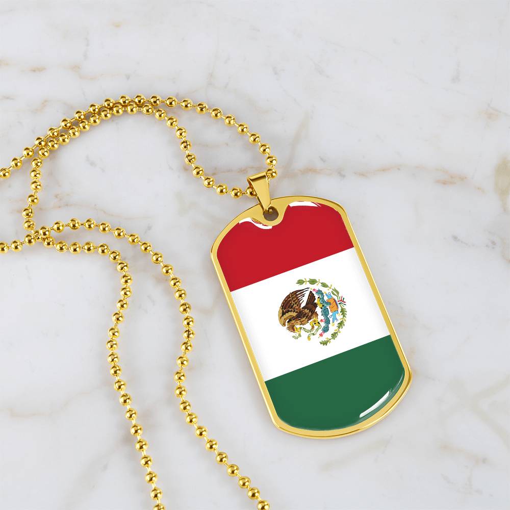 Mexico Flag Pendant Necklace – Engravable Dog Tag Jewelry for Men & Women, Mexico Pride Dog Tag Necklace – Stainless Steel or Gold Finish with Flag Design, Mexican Flag Dog Tag Necklace, Statement Piece to Celebrate Heritage, Culture, or Love for Mexico.