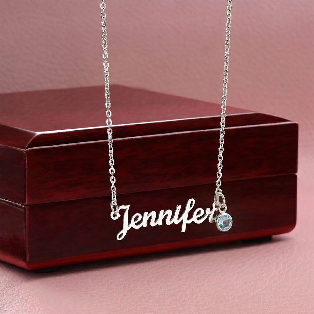 Custom Name Necklace with Birthstone – Personalized Script Name Necklace – Stainless Steel or 18K Gold Finish – Custom Gift for Mom, Grandma, Sister, Wife