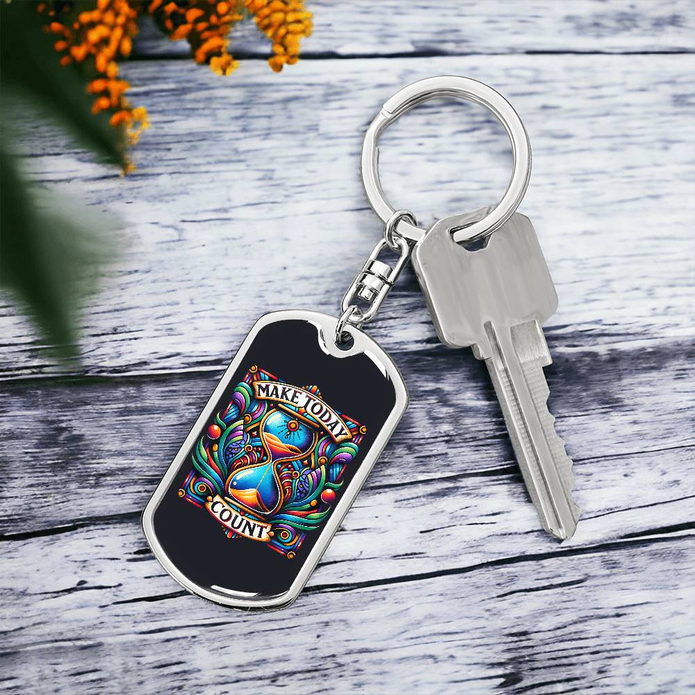 Inspirational Quote Dog Tag Keychain, "Make Today Count" available in a Stainless Steel or Gold Finish. Motivational Dog Tag Keychain for Everyday Inspiration