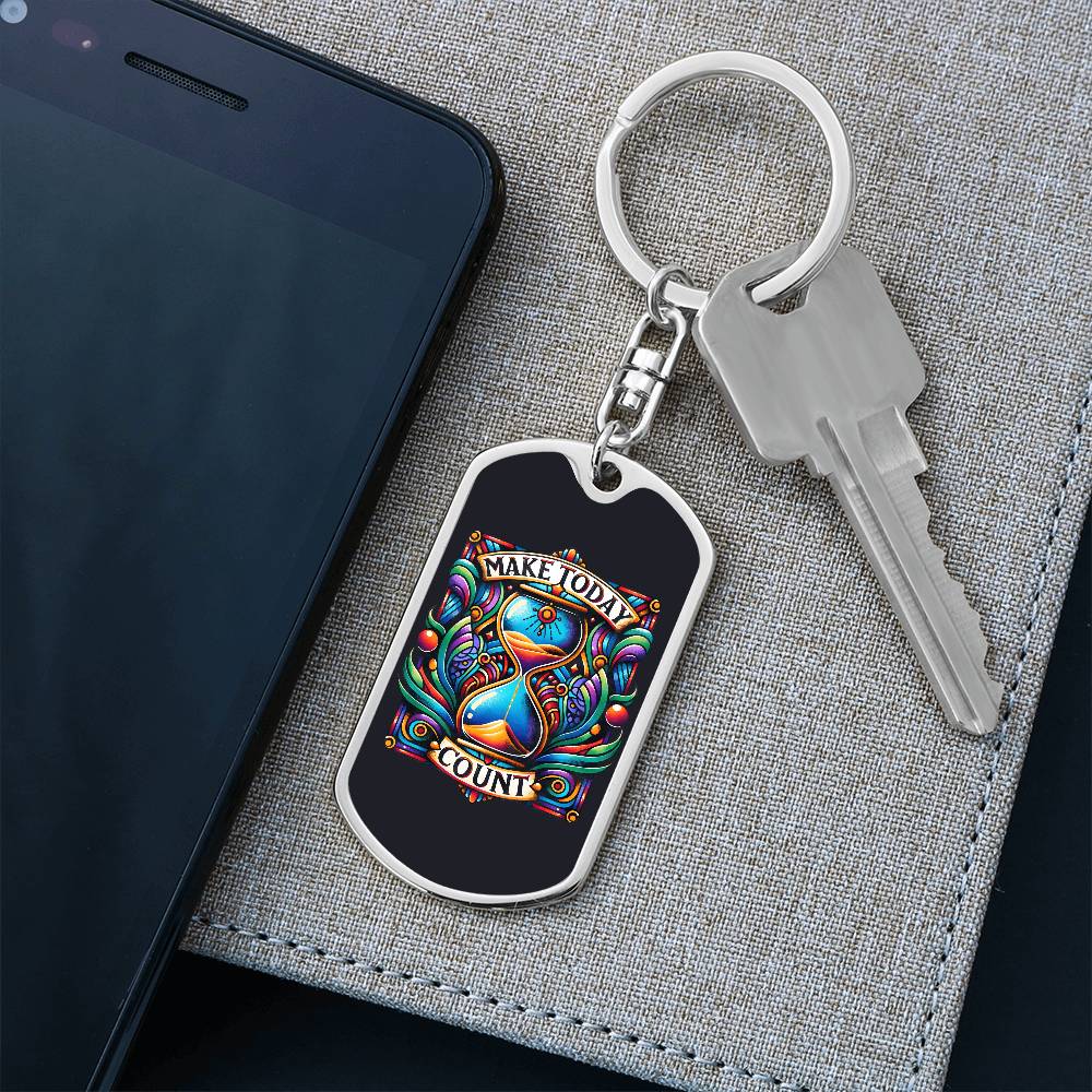 Inspirational Quote Dog Tag Keychain, "Make Today Count" available in a Stainless Steel or Gold Finish. Motivational Dog Tag Keychain for Everyday Inspiration