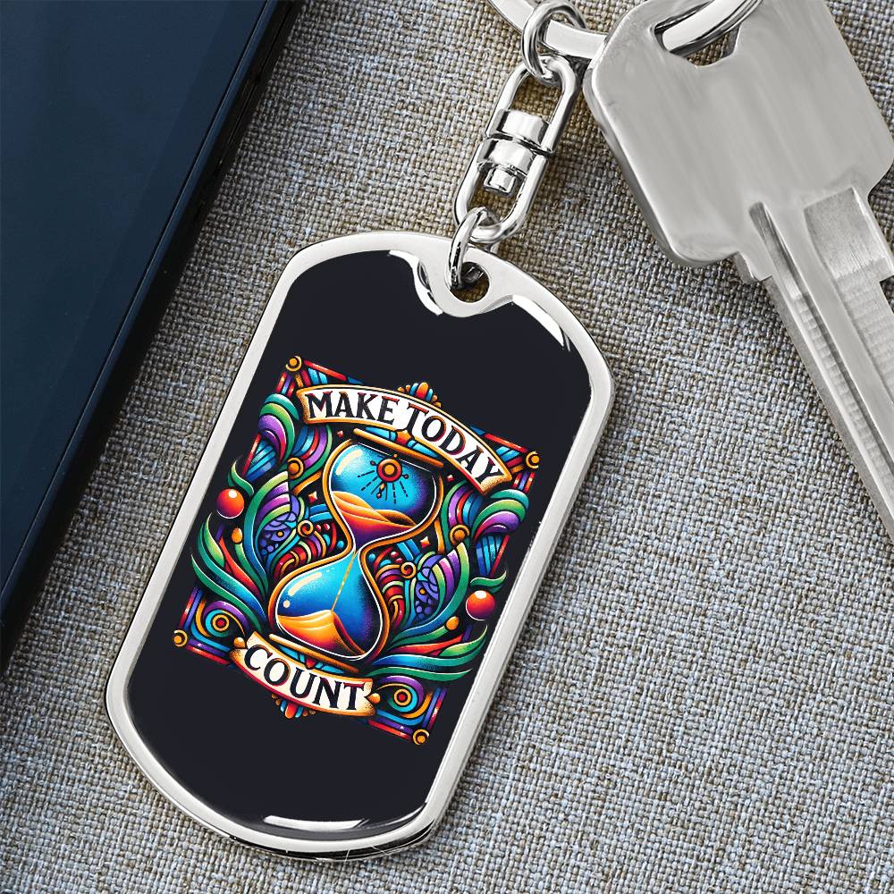 Inspirational Quote Dog Tag Keychain, "Make Today Count" available in a Stainless Steel or Gold Finish. Motivational Dog Tag Keychain for Everyday Inspiration