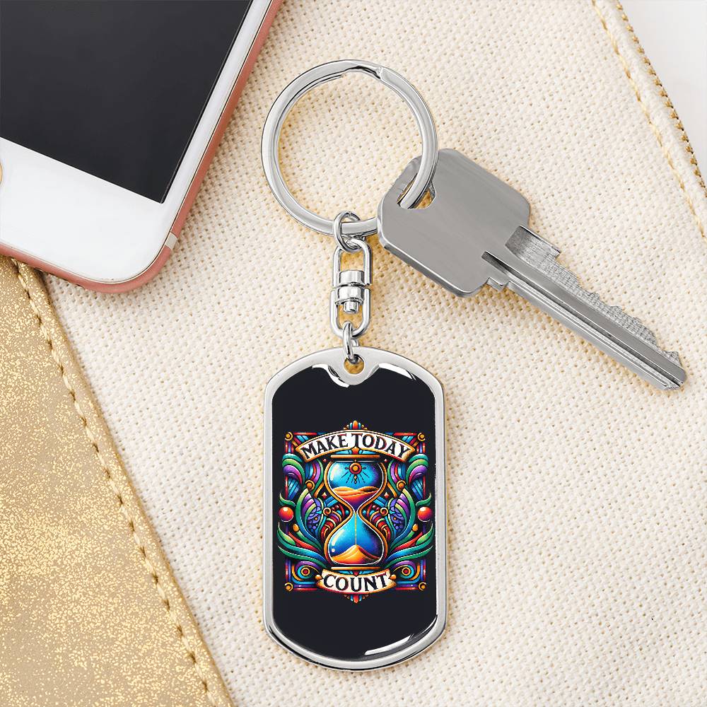 Inspirational Quote Dog Tag Keychain, "Make Today Count" available in a Stainless Steel or Gold Finish. Motivational Dog Tag Keychain for Everyday Inspiration