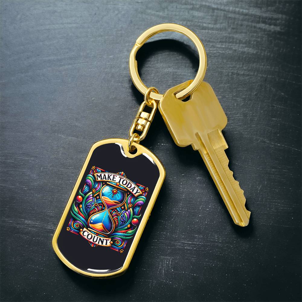 Inspirational Quote Dog Tag Keychain, "Make Today Count" available in a Stainless Steel or Gold Finish. Motivational Dog Tag Keychain for Everyday Inspiration