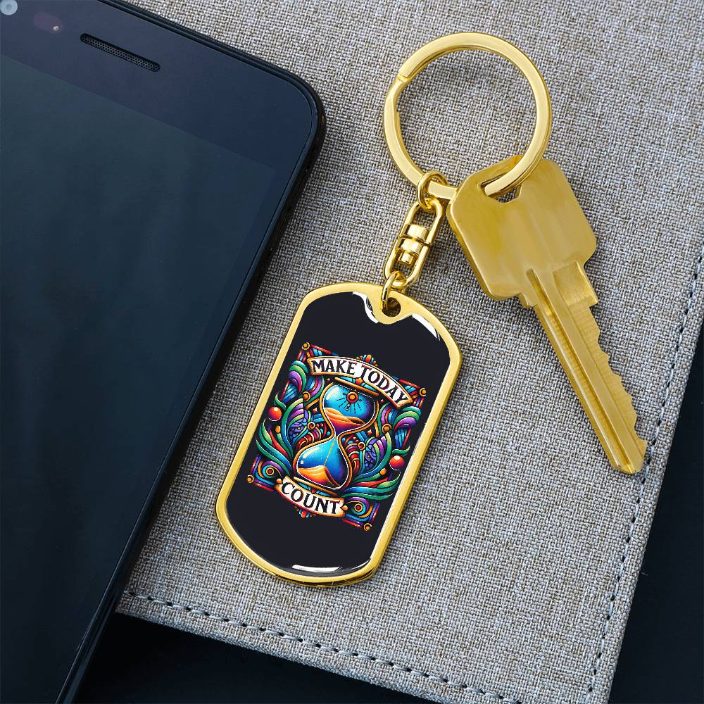 Inspirational Quote Dog Tag Keychain, "Make Today Count" available in a Stainless Steel or Gold Finish. Motivational Dog Tag Keychain for Everyday Inspiration