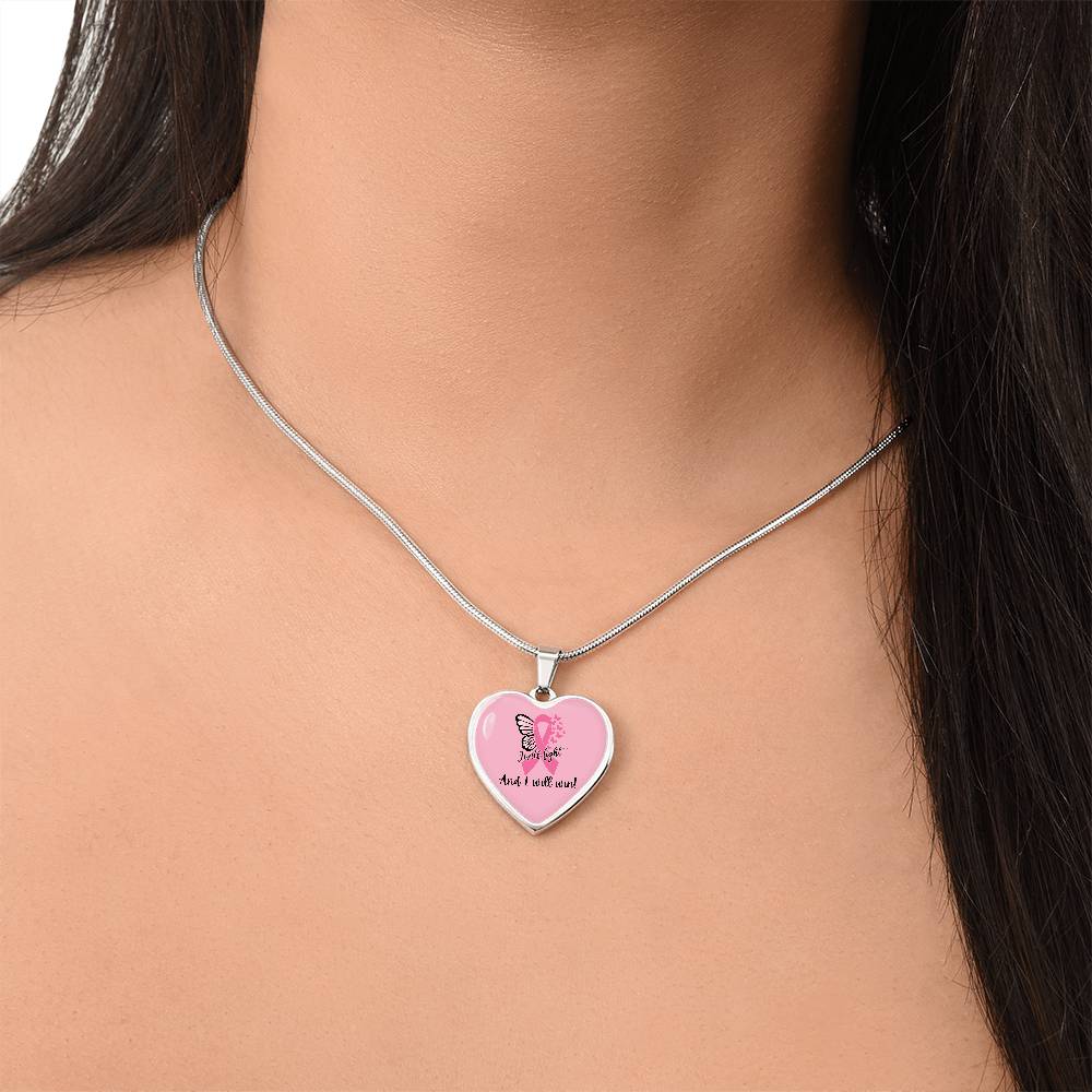 I Will Fight and I Will Win Heart Necklace – Breast Cancer Support Pendant, Pink Ribbon Fighter Survivor Jewelry Gift