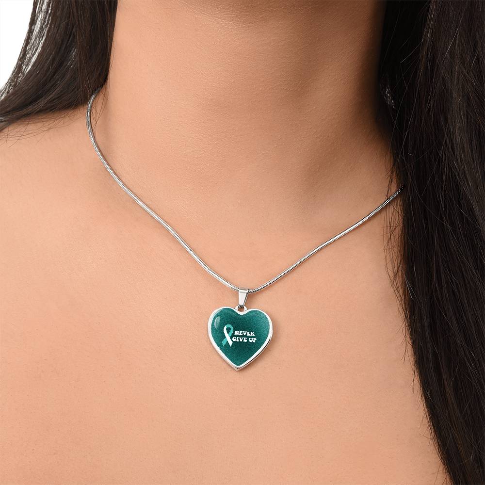 Cervical Cancer Awareness Necklace “Never Give Up” – Teal White Ribbon Heart Pendant, Fighter Gift, Survivor Support