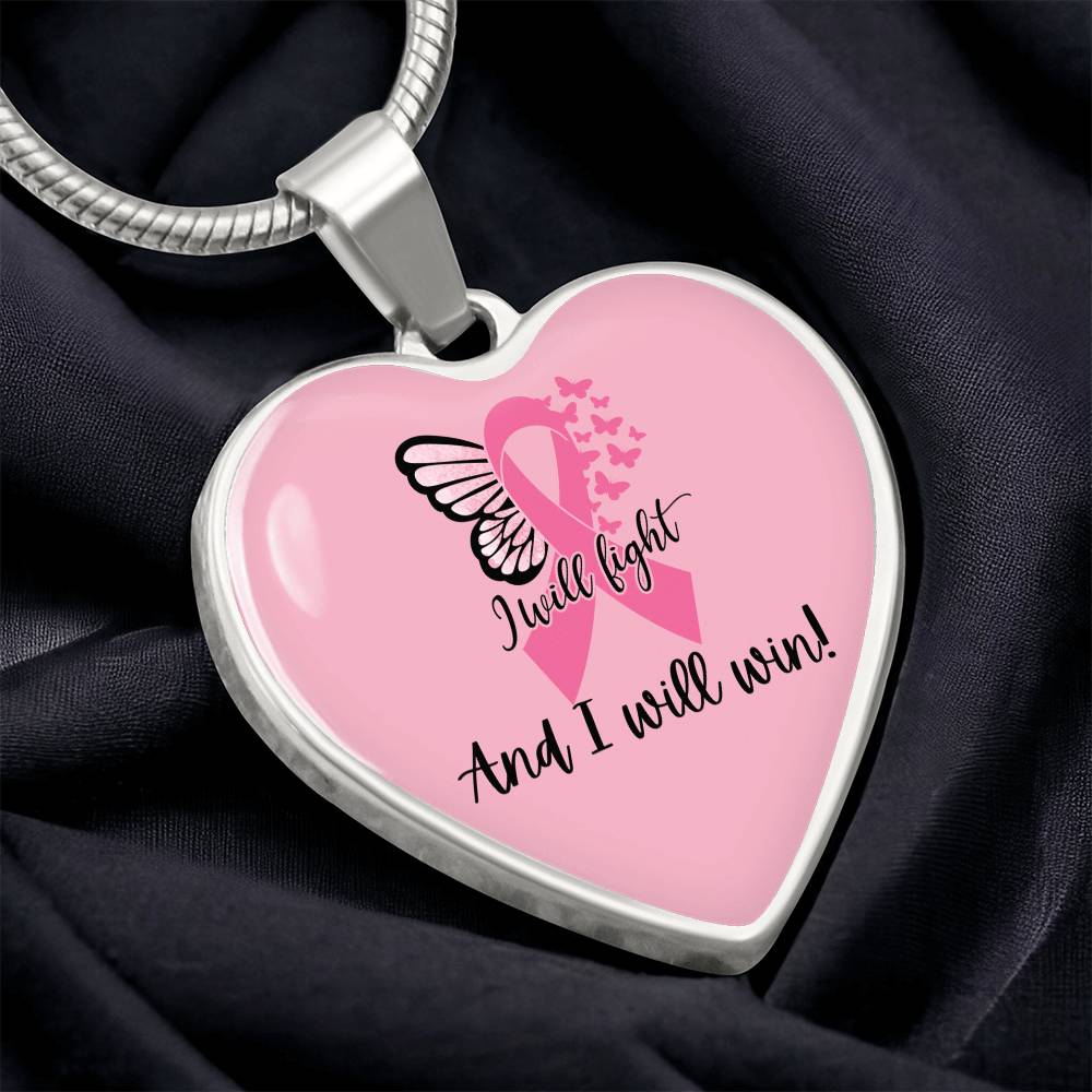 I Will Fight and I Will Win Heart Necklace – Breast Cancer Support Pendant, Pink Ribbon Fighter Survivor Jewelry Gift