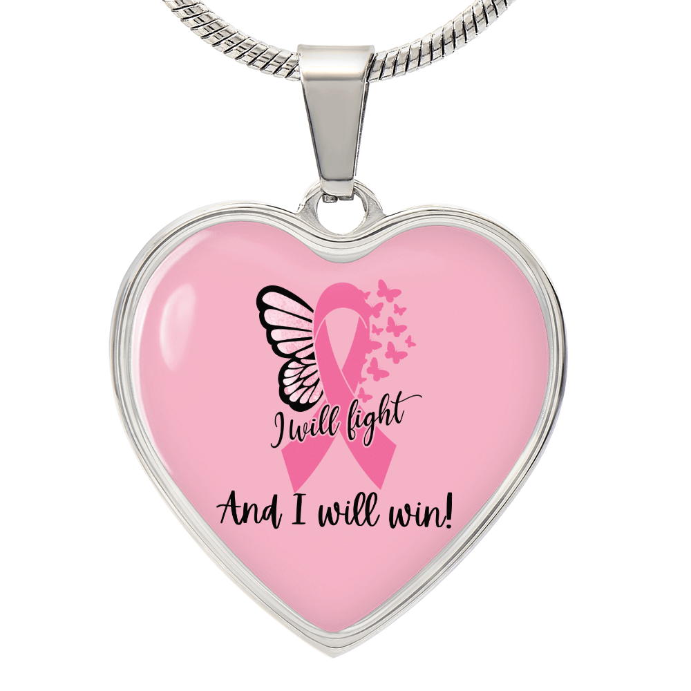 I Will Fight and I Will Win Heart Necklace – Breast Cancer Support Pendant, Pink Ribbon Fighter Survivor Jewelry Gift