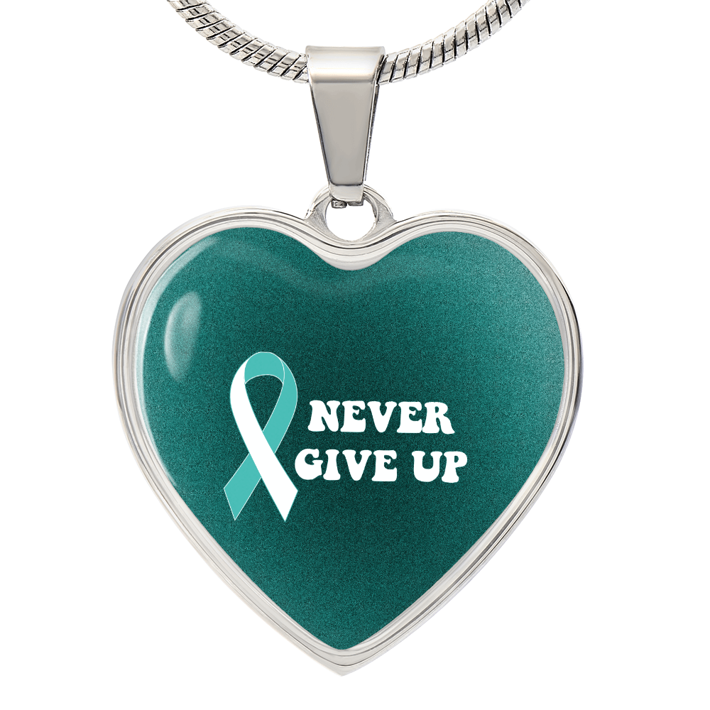 Cervical Cancer Awareness Necklace “Never Give Up” – Teal White Ribbon Heart Pendant, Fighter Gift, Survivor Support