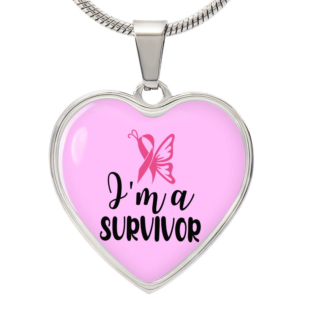 Breast Cancer Survivor Necklace, “I'm a Survivor” Pink Ribbon Heart Pendant, Cancer Survivor Gift, 18K Gold Finish or Stainless Steel