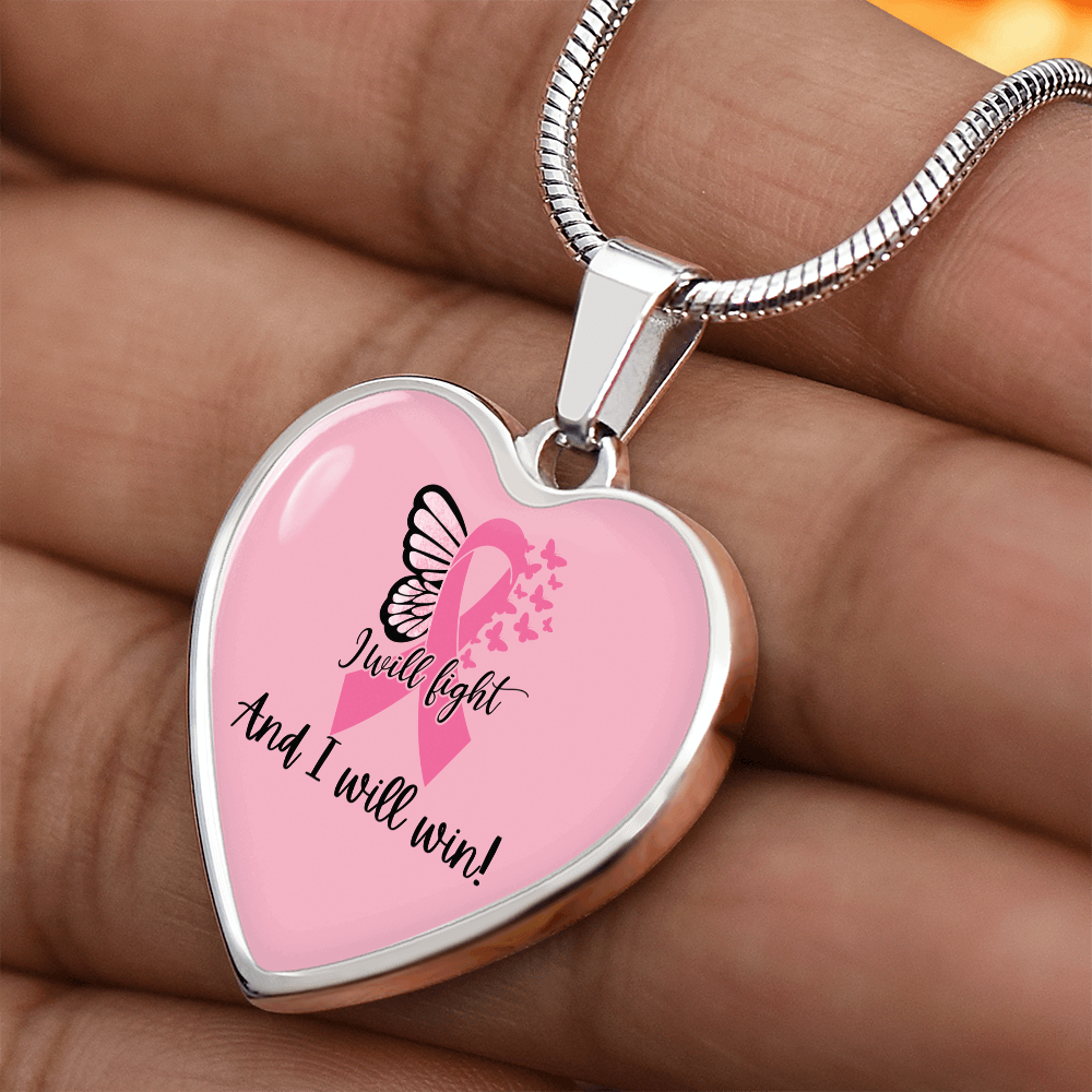 I Will Fight and I Will Win Heart Necklace – Breast Cancer Support Pendant, Pink Ribbon Fighter Survivor Jewelry Gift