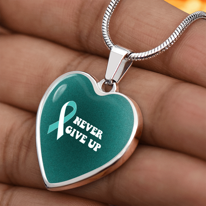 Cervical Cancer Awareness Necklace “Never Give Up” – Teal White Ribbon Heart Pendant, Fighter Gift, Survivor Support