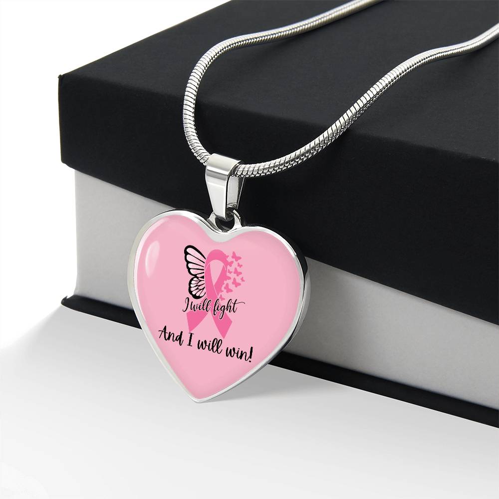 I Will Fight and I Will Win Heart Necklace – Breast Cancer Support Pendant, Pink Ribbon Fighter Survivor Jewelry Gift