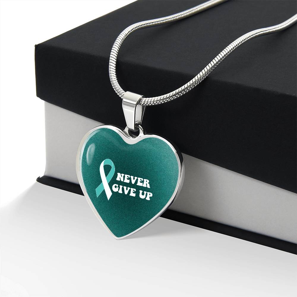 Cervical Cancer Awareness Necklace “Never Give Up” – Teal White Ribbon Heart Pendant, Fighter Gift, Survivor Support