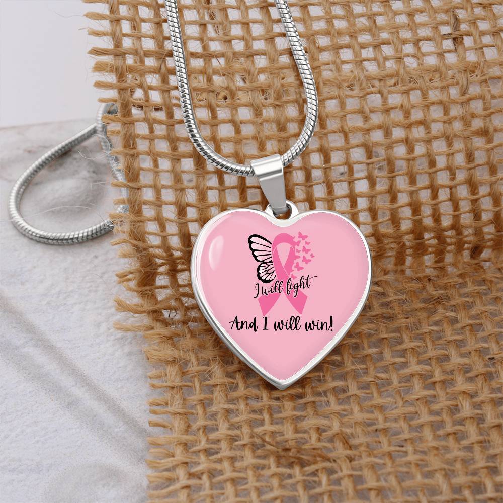 I Will Fight and I Will Win Heart Necklace – Breast Cancer Support Pendant, Pink Ribbon Fighter Survivor Jewelry Gift
