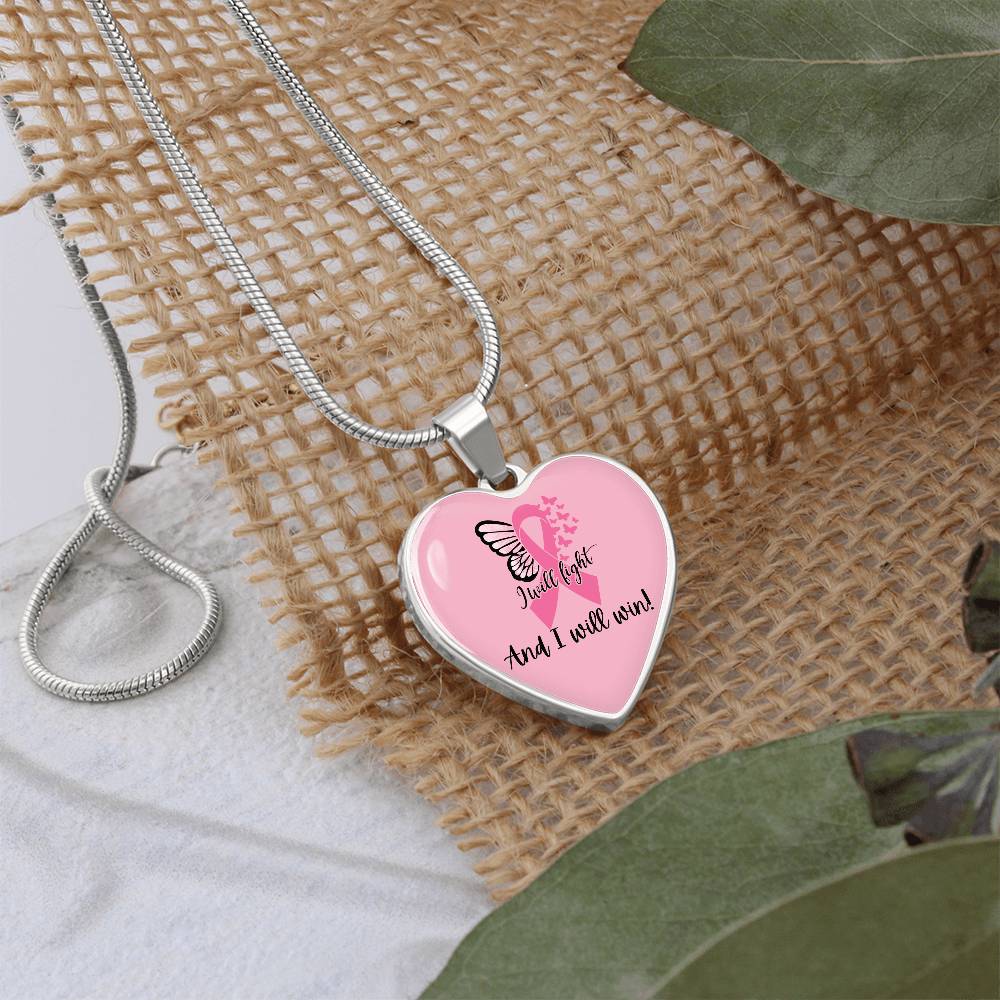 I Will Fight and I Will Win Heart Necklace – Breast Cancer Support Pendant, Pink Ribbon Fighter Survivor Jewelry Gift