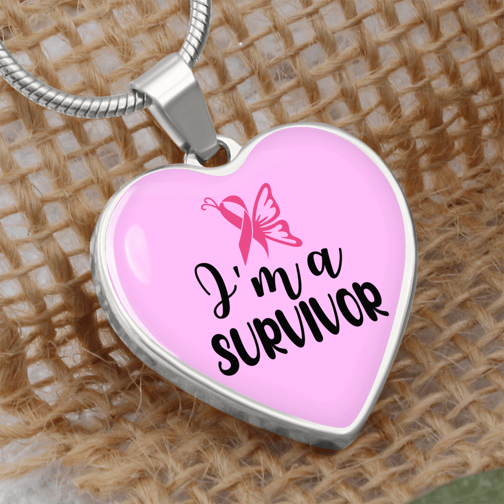 Breast Cancer Survivor Necklace, “I'm a Survivor” Pink Ribbon Heart Pendant, Cancer Survivor Gift, 18K Gold Finish or Stainless Steel