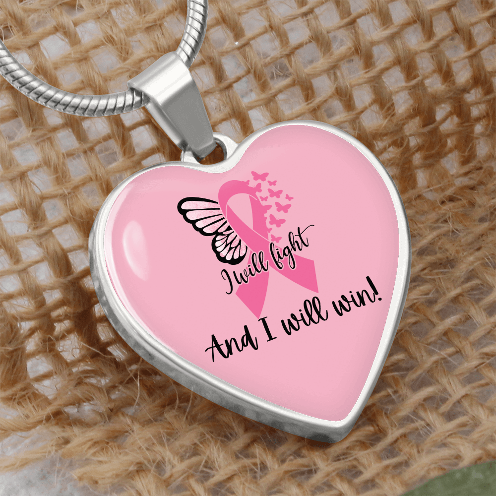 I Will Fight and I Will Win Heart Necklace – Breast Cancer Support Pendant, Pink Ribbon Fighter Survivor Jewelry Gift