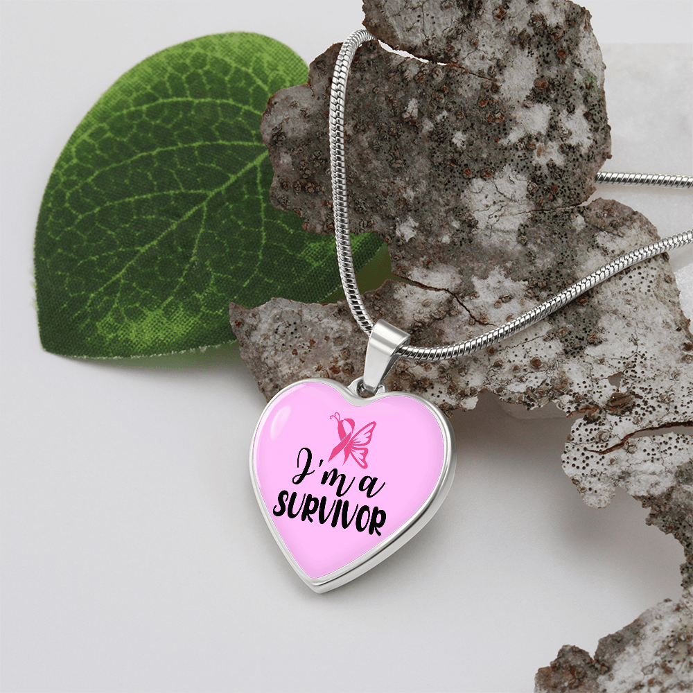 Breast Cancer Survivor Necklace, “I'm a Survivor” Pink Ribbon Heart Pendant, Cancer Survivor Gift, 18K Gold Finish or Stainless Steel