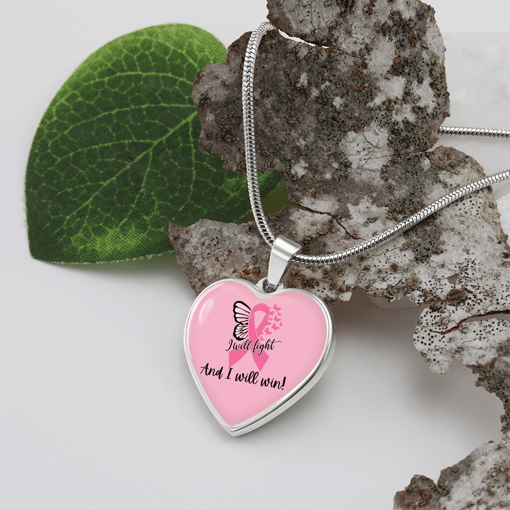I Will Fight and I Will Win Heart Necklace – Breast Cancer Support Pendant, Pink Ribbon Fighter Survivor Jewelry Gift