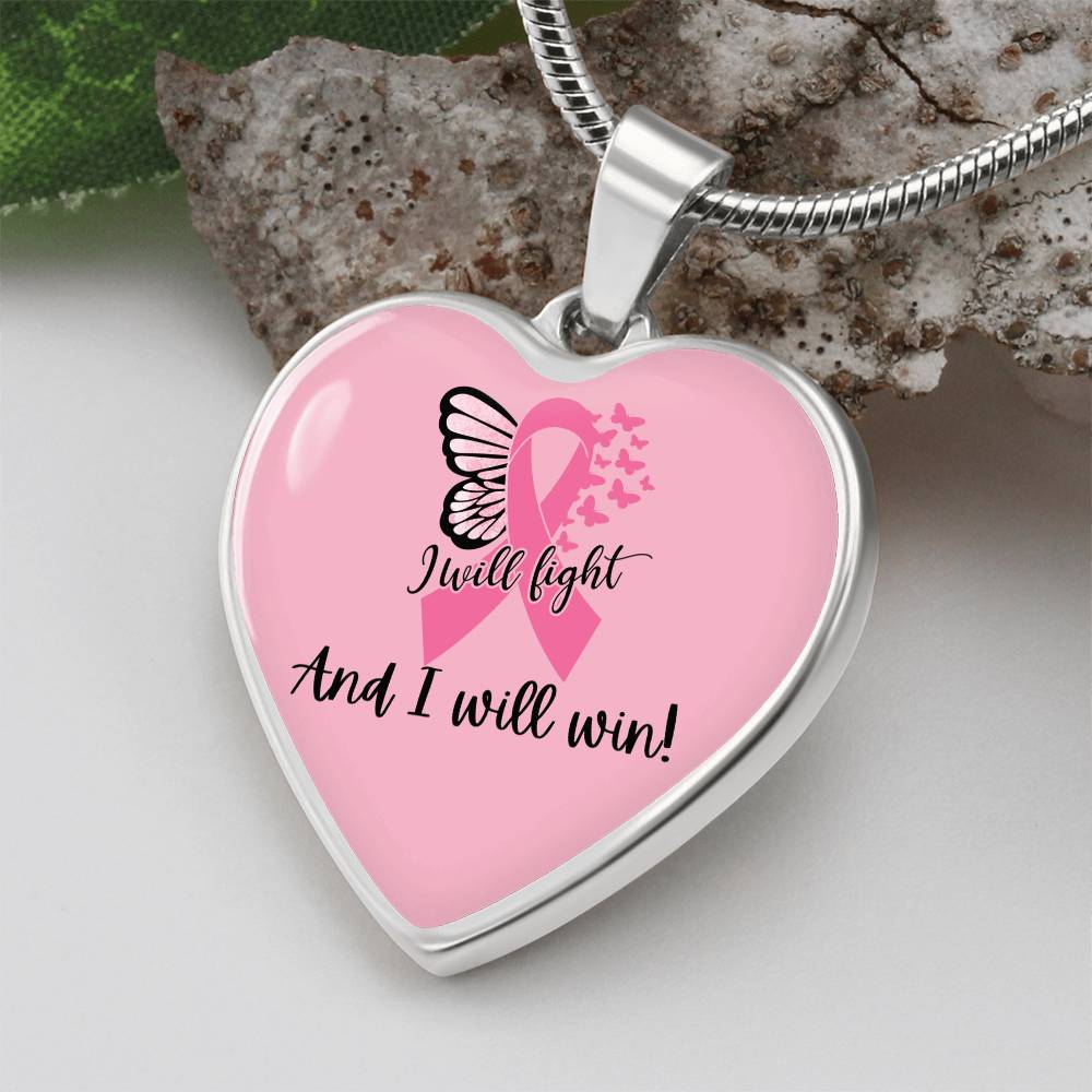 I Will Fight and I Will Win Heart Necklace – Breast Cancer Support Pendant, Pink Ribbon Fighter Survivor Jewelry Gift