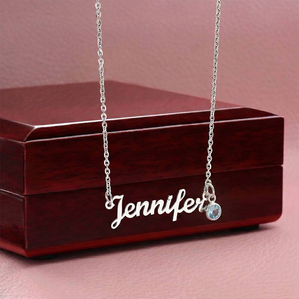 Custom Name Necklace with Birthstone – Personalized Script Name Necklace – Stainless Steel or 18K Gold Finish