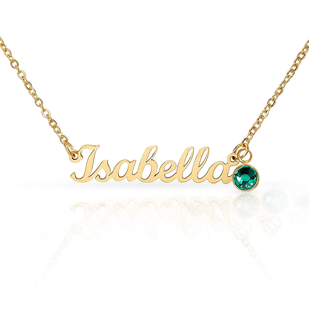Custom Name Necklace with Birthstone – Personalized Script Name Necklace – Stainless Steel or 18K Gold Finish