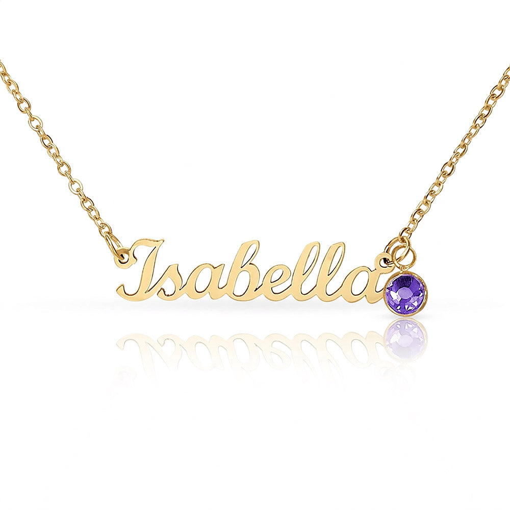 Custom Name Necklace with Birthstone – Personalized Script Name Necklace – Stainless Steel or 18K Gold Finish