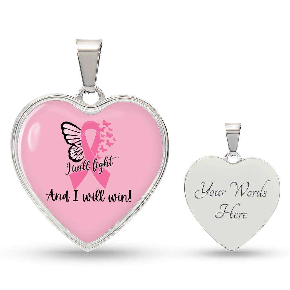 I Will Fight and I Will Win Heart Necklace – Breast Cancer Support Pendant, Pink Ribbon Fighter Survivor Jewelry Gift