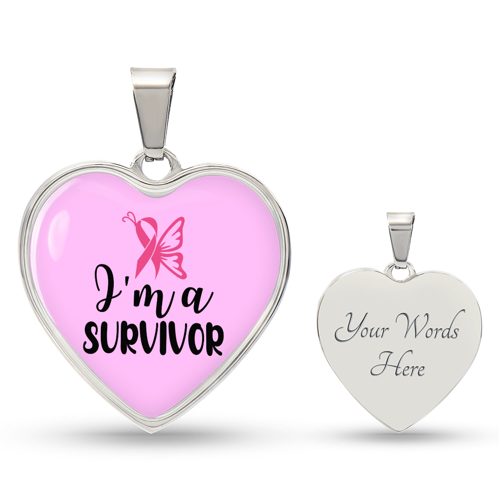 Breast Cancer Survivor Necklace, “I'm a Survivor” Pink Ribbon Heart Pendant, Cancer Survivor Gift, 18K Gold Finish or Stainless Steel