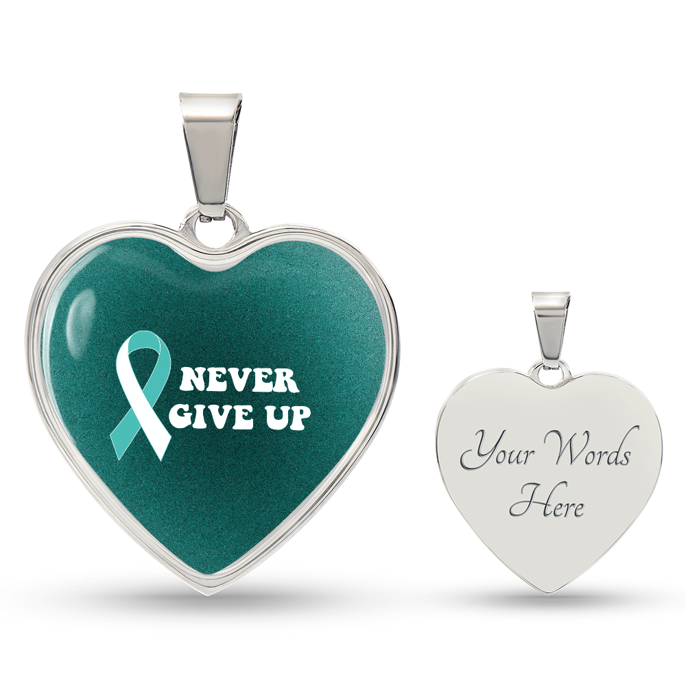 Cervical Cancer Awareness Necklace “Never Give Up” – Teal White Ribbon Heart Pendant, Fighter Gift, Survivor Support