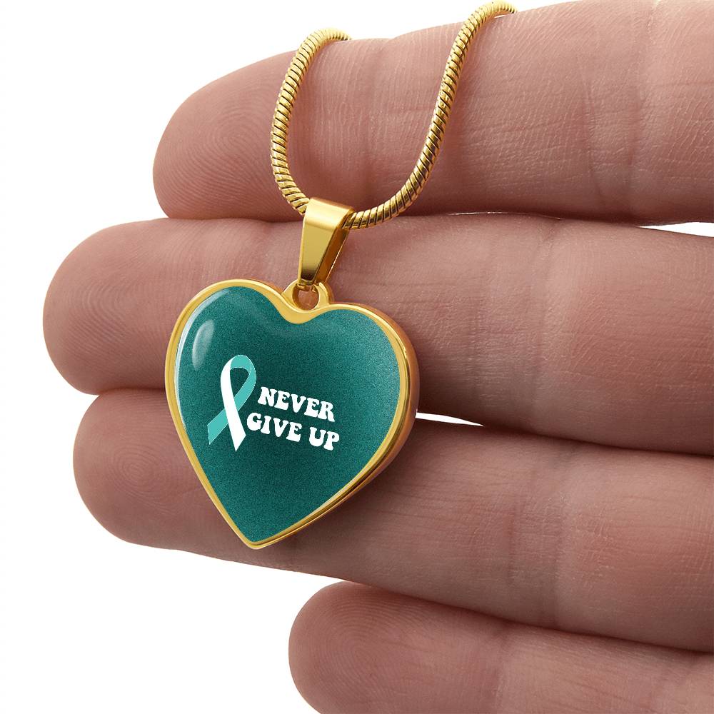 Cervical Cancer Awareness Necklace “Never Give Up” – Teal White Ribbon Heart Pendant, Fighter Gift, Survivor Support