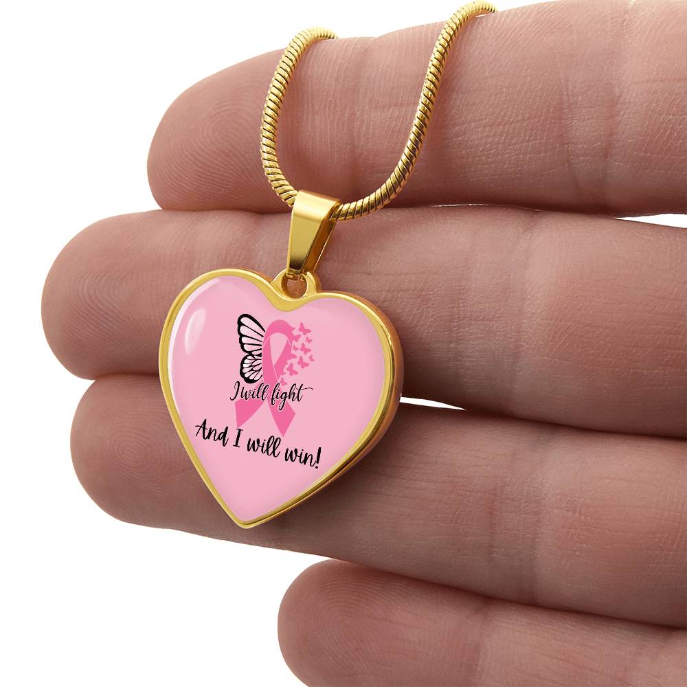 I Will Fight and I Will Win Heart Necklace – Breast Cancer Support Pendant, Pink Ribbon Fighter Survivor Jewelry Gift