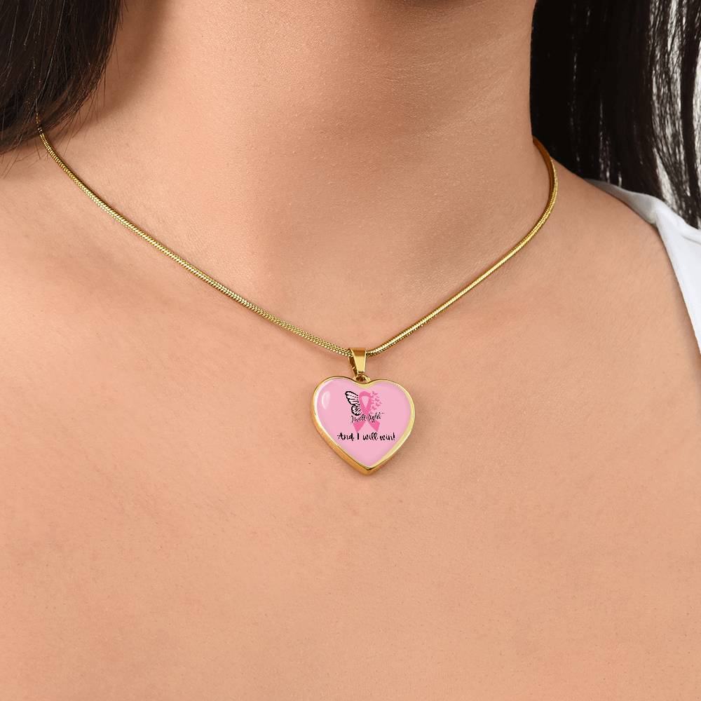 I Will Fight and I Will Win Heart Necklace – Breast Cancer Support Pendant, Pink Ribbon Fighter Survivor Jewelry Gift
