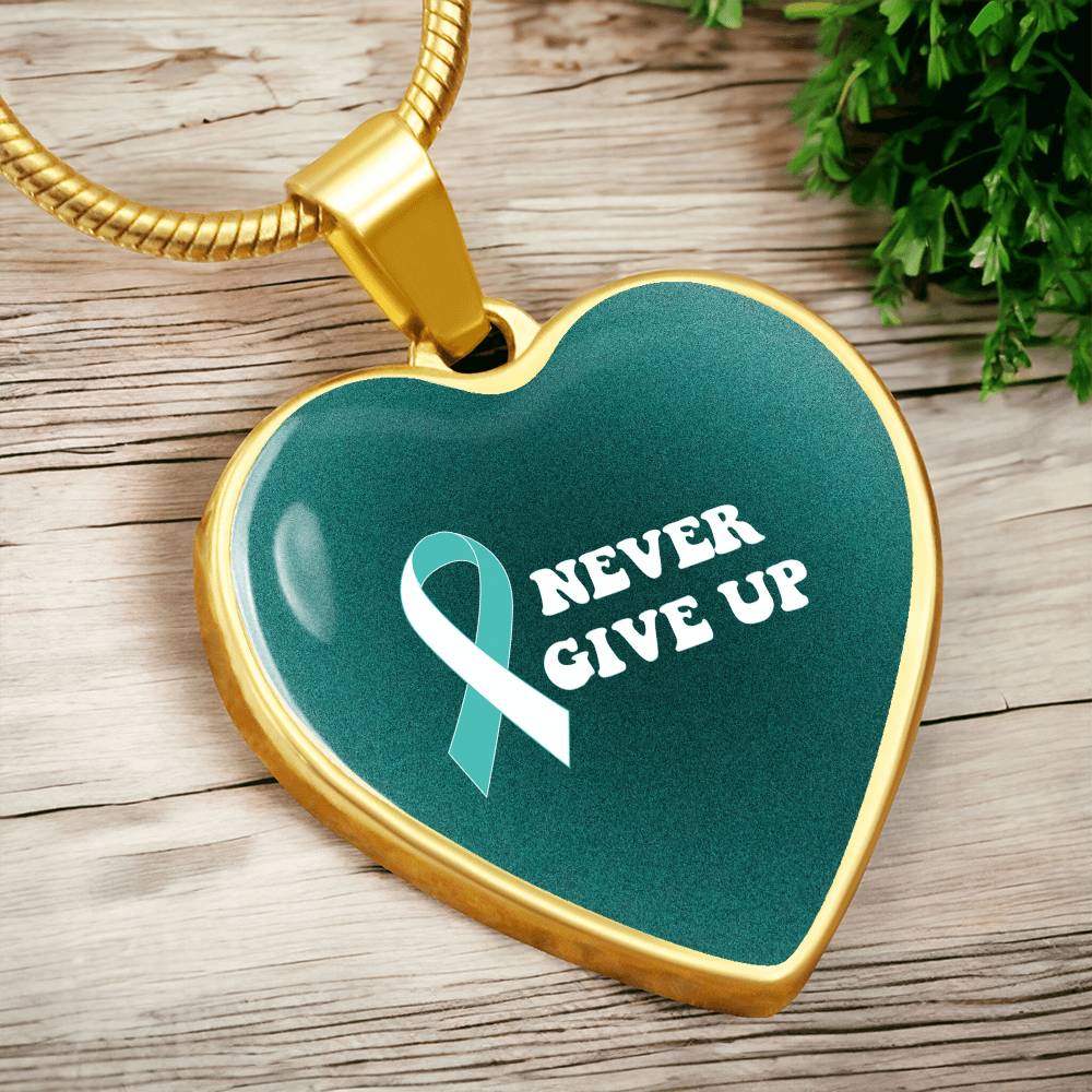 Cervical Cancer Awareness Necklace “Never Give Up” – Teal White Ribbon Heart Pendant, Fighter Gift, Survivor Support