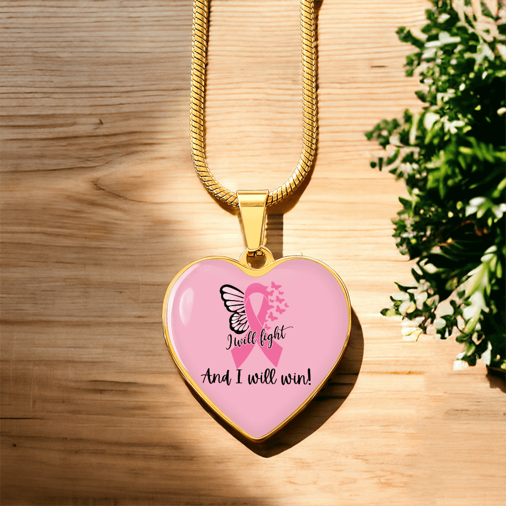 I Will Fight and I Will Win Heart Necklace – Breast Cancer Support Pendant, Pink Ribbon Fighter Survivor Jewelry Gift