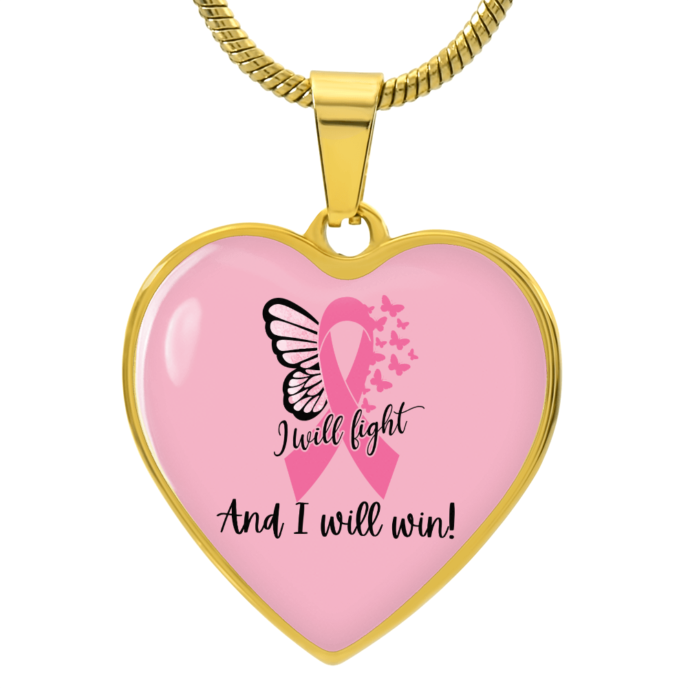 I Will Fight and I Will Win Heart Necklace – Breast Cancer Support Pendant, Pink Ribbon Fighter Survivor Jewelry Gift