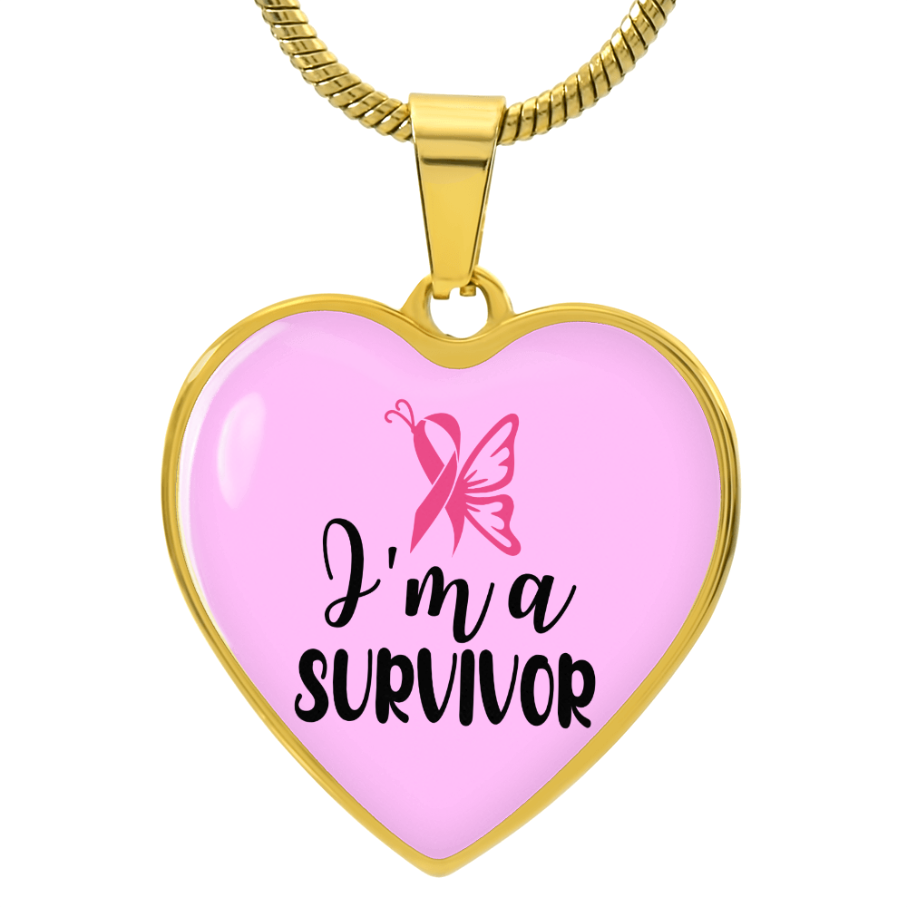 Breast Cancer Survivor Necklace, “I'm a Survivor” Pink Ribbon Heart Pendant, Cancer Survivor Gift, 18K Gold Finish or Stainless Steel