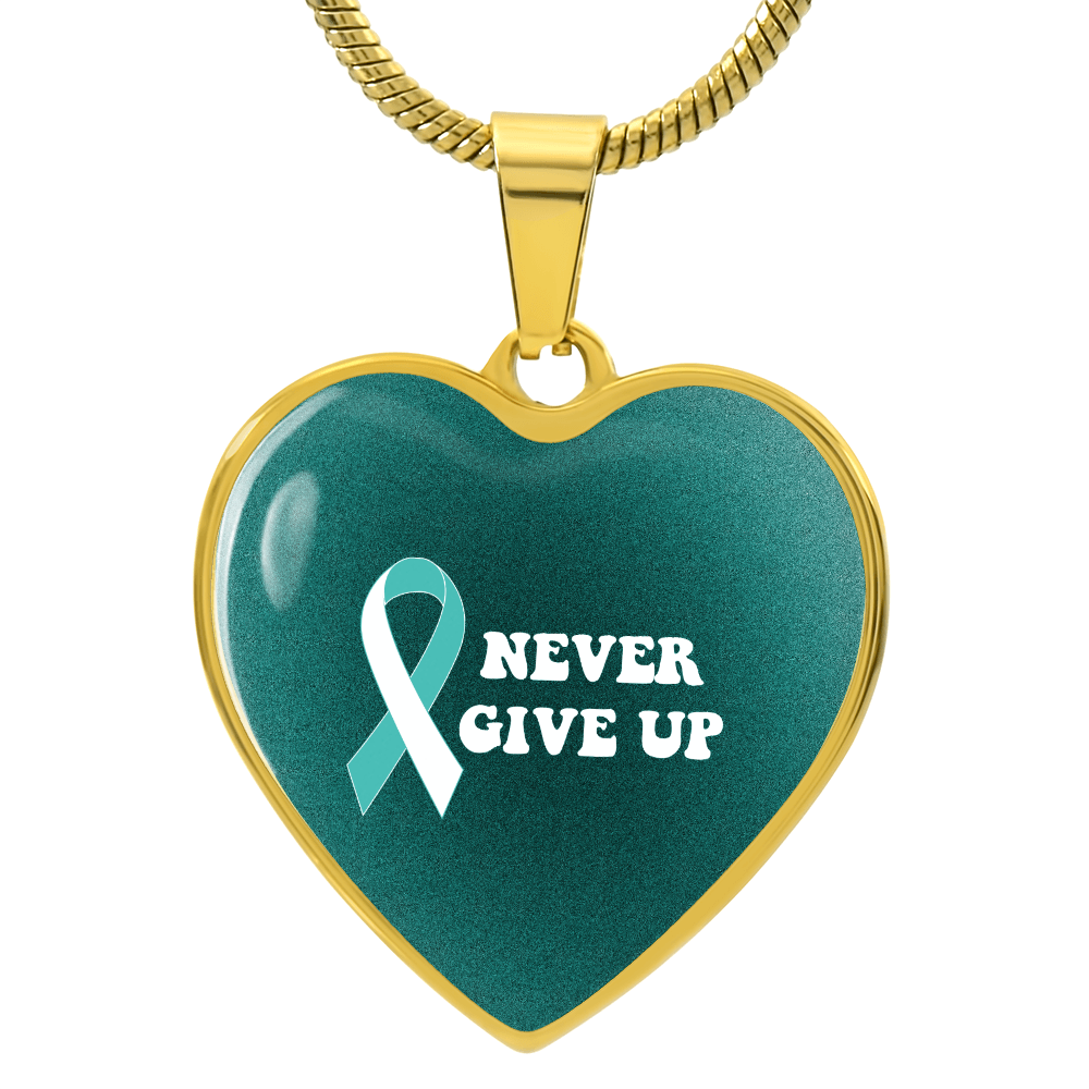 Cervical Cancer Awareness Necklace “Never Give Up” – Teal White Ribbon Heart Pendant, Fighter Gift, Survivor Support