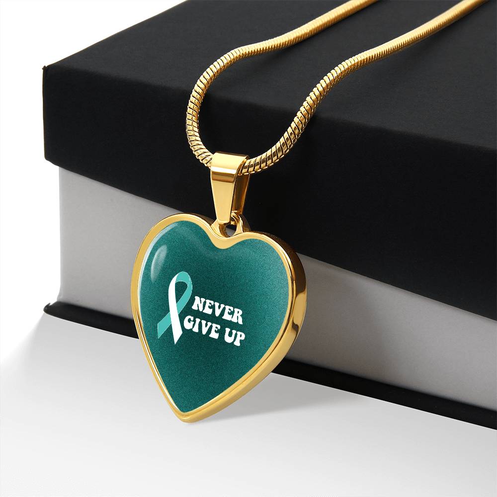 Cervical Cancer Awareness Necklace “Never Give Up” – Teal White Ribbon Heart Pendant, Fighter Gift, Survivor Support